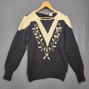 Vintage Marnie West Sweater Womens Medium Black White Wool Angora Rhinestone 80s